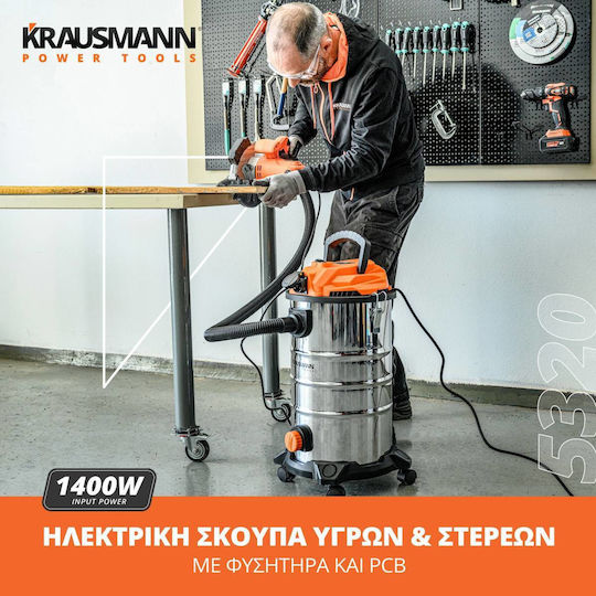 Krausmann Aspirator Lichide / Solide 1400W cu Inoxidabil Recipient 30lt