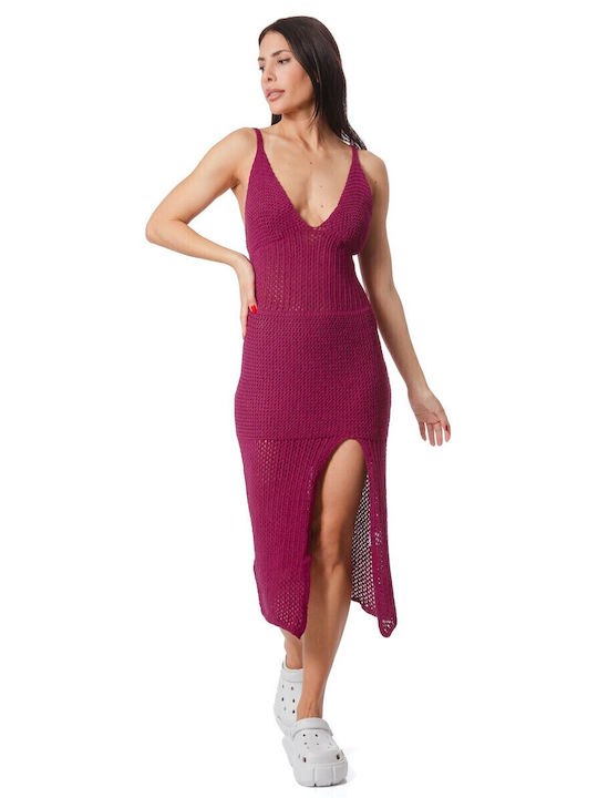Midi Damenkleid Gestrickt mit Tränen Fuchsie