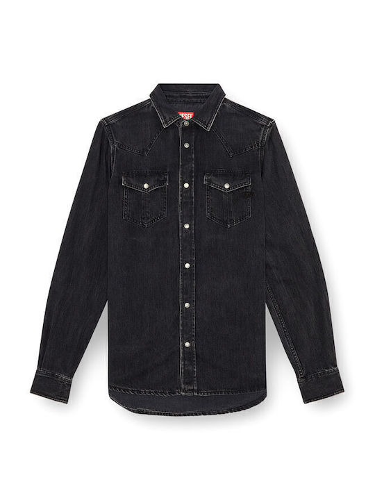 Μακρυμάνικo Τζιν Overshirt σε Στενή Γραμμή Μαύρο