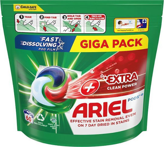 Ariel Extra Clean Απορρυπαντικό για Λευκά & Μαύρα Ρούχα (60 Κάψουλες)