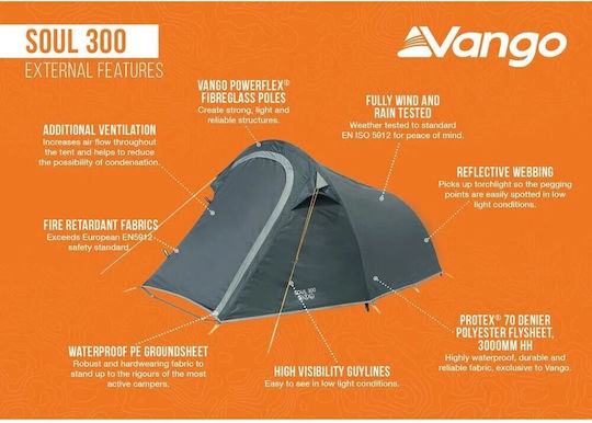 Vango Soul 300 Camping Tent Mountaineering Blue with Double Cloth 4 Seasons for 3 People Waterproof 3000mm 285x190x120cm Deep Blue