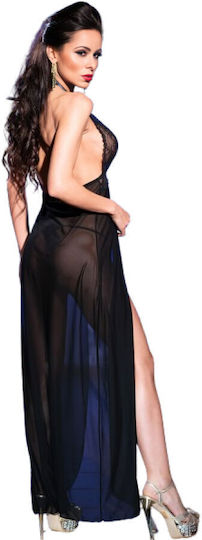 Chilirose Set Sexy Cu Halat Cu Dantelă Și Transparanță Babydoll Lung În Sifon Negru