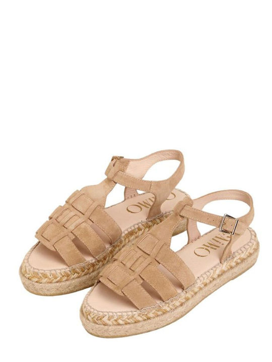 Gaimo Leather Women's Flat Sandals with Strap Flatforms in Beige Color