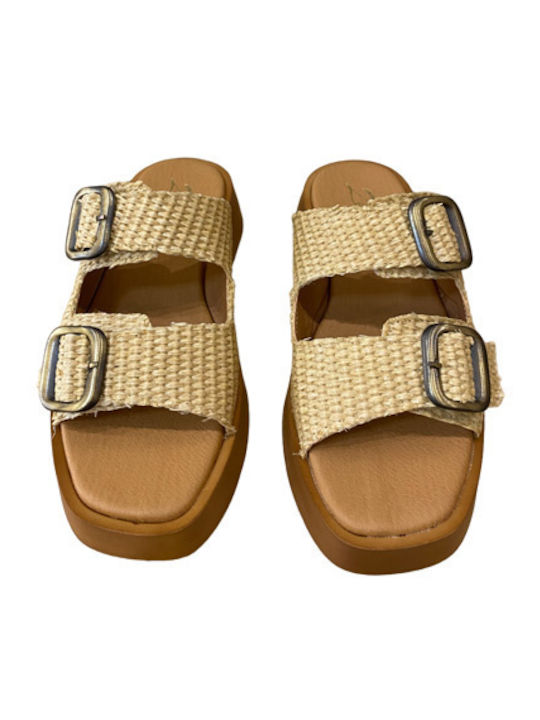 Leather Women's Flat Sandals in Tabac Brown Color