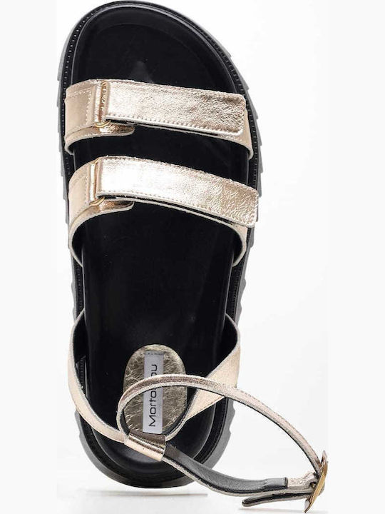 Leather Women's Flat Sandals with Strap in Gold Color