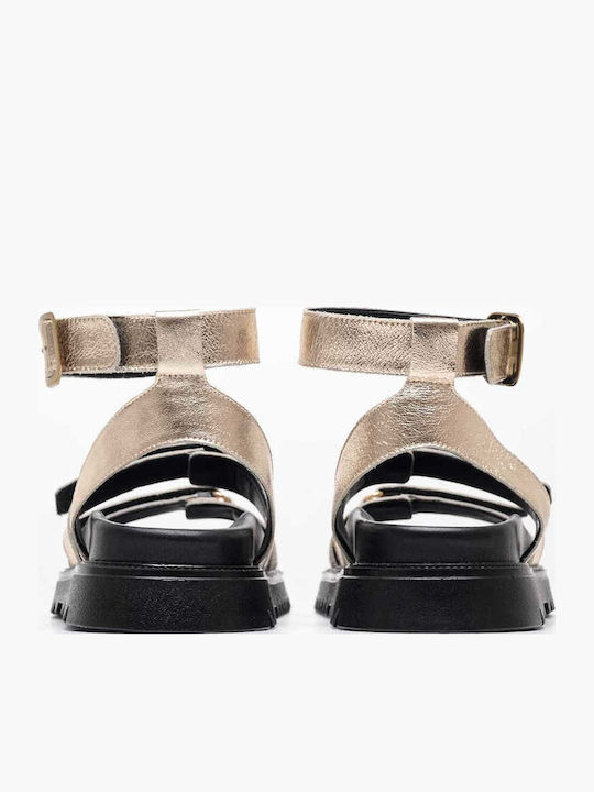 Leather Women's Flat Sandals with Strap in Gold Color