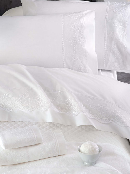 Rythmos Cotton Set of 4pcs Bridal Sheets Super Double with Lace Katherina White 260x230cm