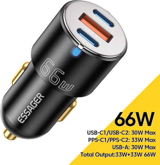 Essager Φορτιστής Αυτοκινήτου 66W με Θύρες: 2xType-C Μαύρο Χρώμα