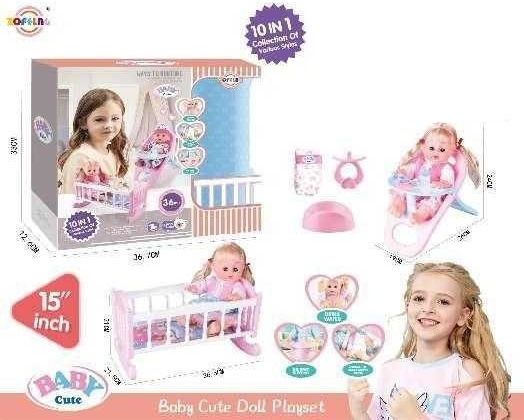 Baby doll with crib and care accessories - L010-6 - 345344