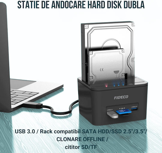 Fideco Docking Station pentru 2 Hard Disk-uri SATA 2.5" / 3.5" cu conectivitate USB 3.1 / USB 3.0