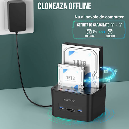 Fideco Docking Station pentru 2 Hard Disk-uri SATA 2.5" / 3.5" cu conectivitate USB 3.1 / USB 3.0
