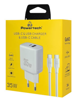 Powertech Charger with USB-A Port and USB-C Port and Cable USB-C - USB-C 35W Quick Charge 3.0 White (PT-1179)