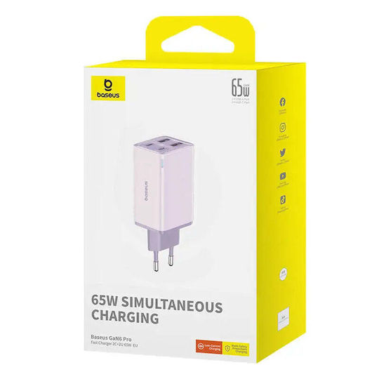 Baseus Ladegerät ohne Kabel GaN mit 2 USB-A Anschlüsse und 2 USB-C Anschlüsse 65W Lila (GAN6 Pro)