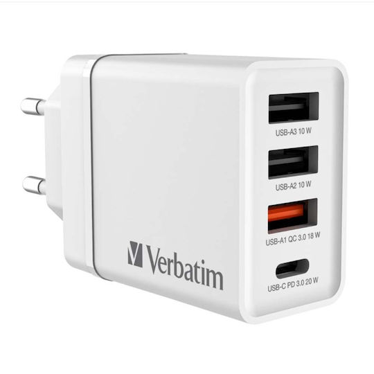 Verbatim Φορτιστής Χωρίς Καλώδιο με 3 Θύρες USB-A και Θύρα USB-C 30W Power Delivery / Quick Charge 3.0 Λευκός (CHR-30EU2)
