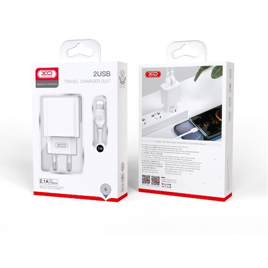 XO Charger with 2 USB-A Ports and Cable Lightning Whites (CE02C)
