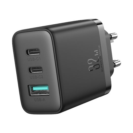 Joyroom Φορτιστής Χωρίς Καλώδιο με Θύρα USB-A και 2 Θύρες USB-C 32W Μαύρος (JR-TCF10)