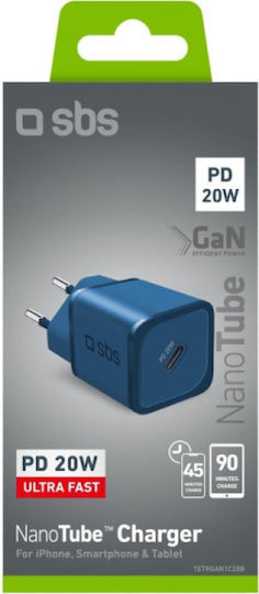 SBS Incarcator Fără Fir GaN Cu Port USB-C 20W Livrarea Energiei Albastru (TRGAN1C20B)