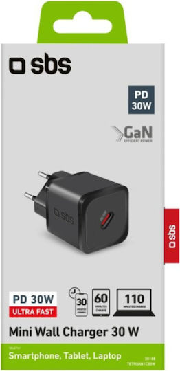 SBS Φορτιστής Χωρίς Καλώδιο GaN με Θύρα USB-C 30W Power Delivery Μαύρος (TRGAN1C30W)