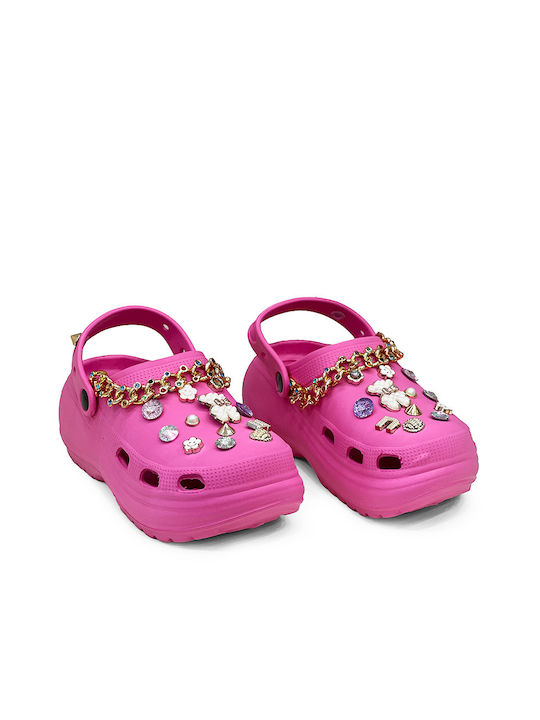 Women's Fuchsia Clogs with Chain & Decorative Stones