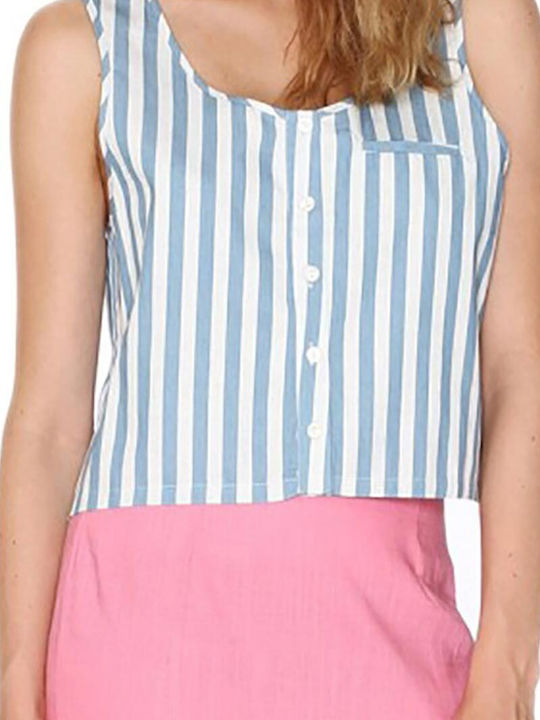 Pepaloves Αμάνικο Crop Τοπ Λευκό Denim Ρίγες Regular Fit 107806