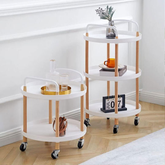Round Metal Side Table with Wheels White Natural M48xP48xH81.5cm