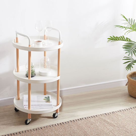 Round Metal Side Table with Wheels White Natural M48xP48xH81.5cm