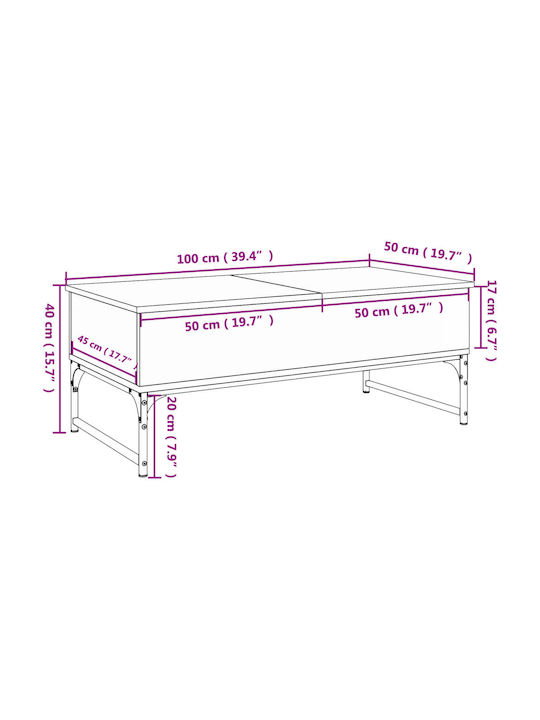 Central Rectangular Wooden Coffee Table with Lifting Mechanism Black M100xP50xH40cm