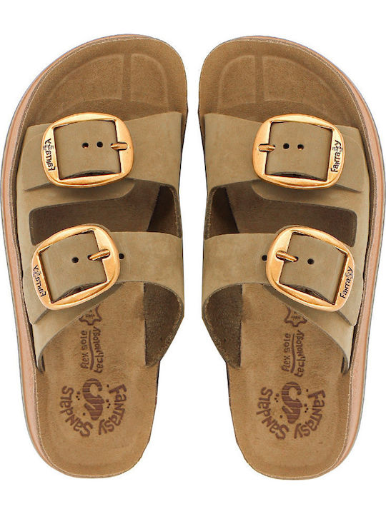 Despoina Leather Women's Flat Sandals Anatomic with Strap Chaki