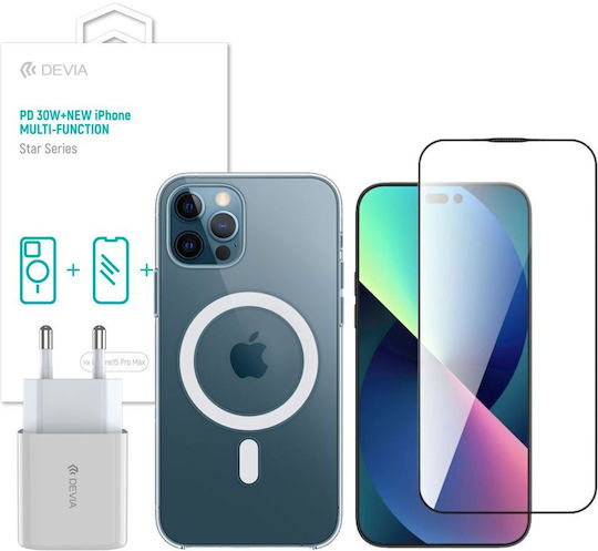 Devia Back Cover Plastic / Silicone Set with Glass White (iPhone 15 Pro)
