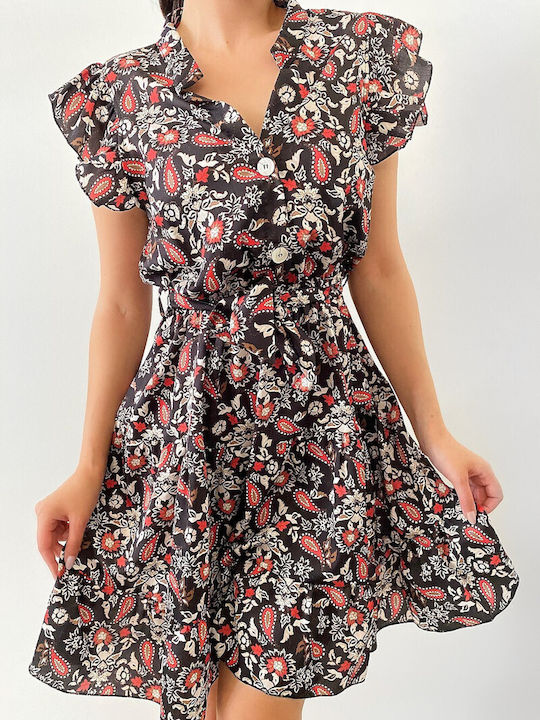 Sara Black Mini Embroidered Ruffle Dress