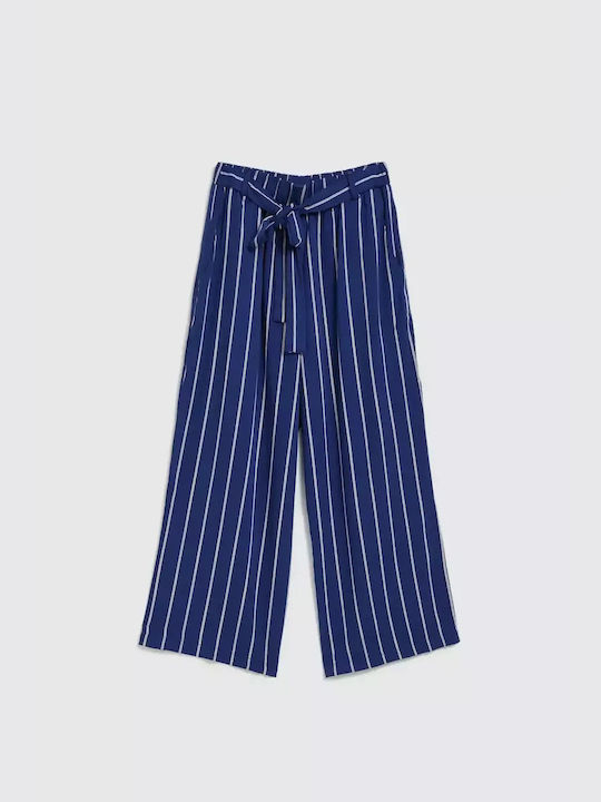 Make your image Women's High-waisted Fabric Capri Trousers with Elastic Striped Navy Blue