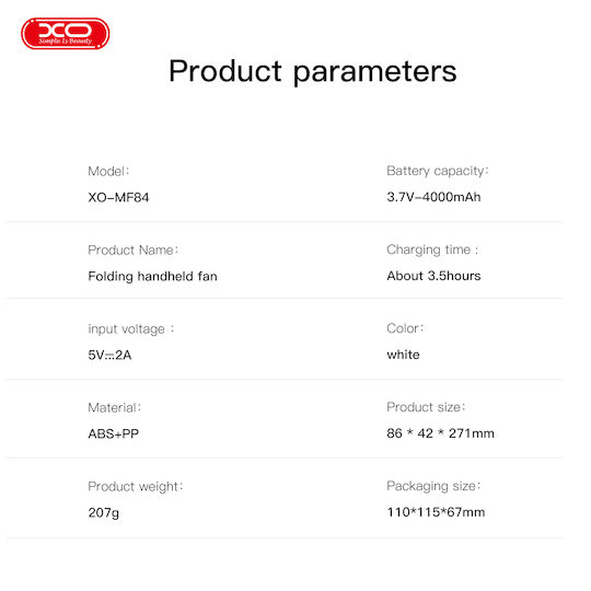 Xo Mf84 Faltbarer Handventilator mit Ladestation 4000mAh