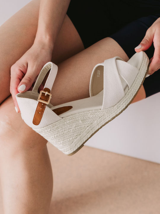 Espadrilles Plateauschuhe Gekreuztes Design Strohabsatz 431.fl237-f Beige