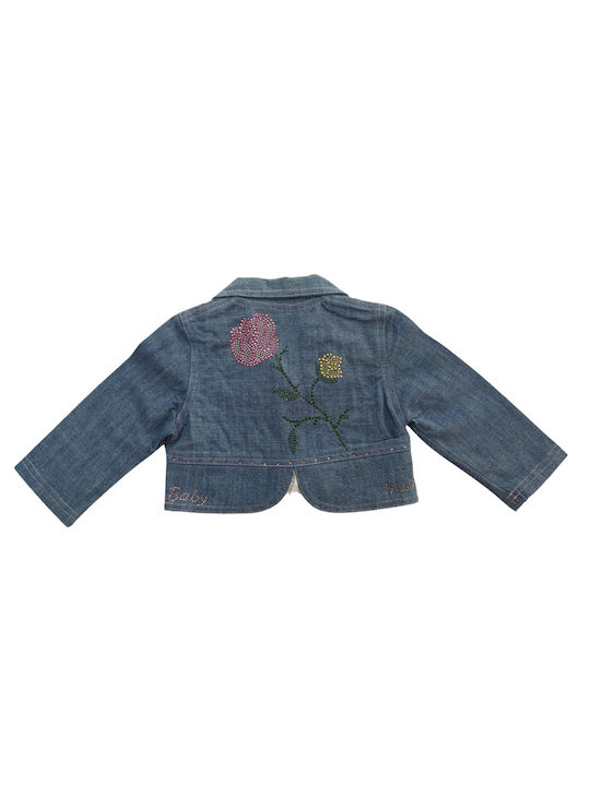 Baby Train Denim Cardigan with Pink Floral Design on the Back