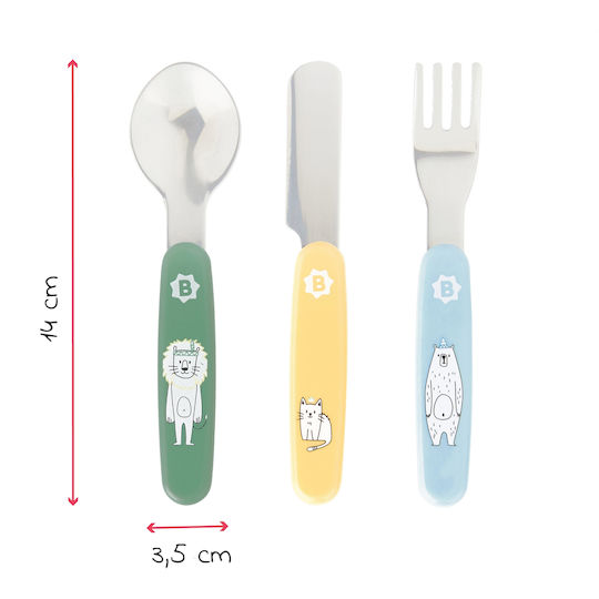 Badabulle Set Baby Besteck Cheerful Animals aus Metall Mehrfarbig 3Stück
