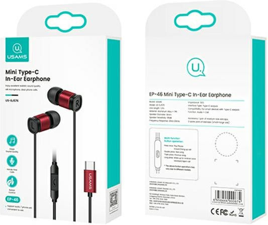 Usams HSEP4604 In-Ear Freihändig Kopfhörer mit Stecker USB-C Rot