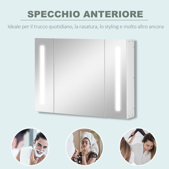 Kleankin Bathroom Mirror Led with Shelf & Cabinet 90x15cm White