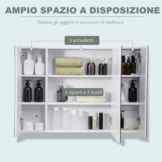 Kleankin Bathroom Mirror Led with Shelf & Cabinet 90x15cm White