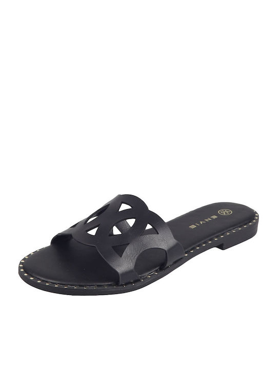 Leather Women's Flat Sandals in Black Color