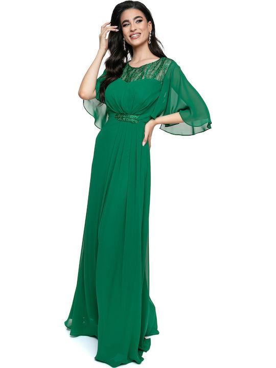 Rochie Verde Maxi de Seara cu Dantelă Detalii