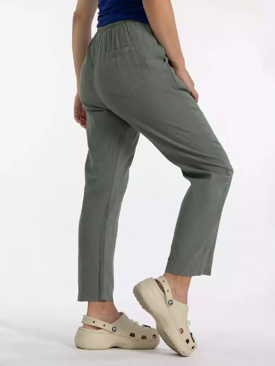 Leinenhose mit weitem Bein und Taschen in Khaki
