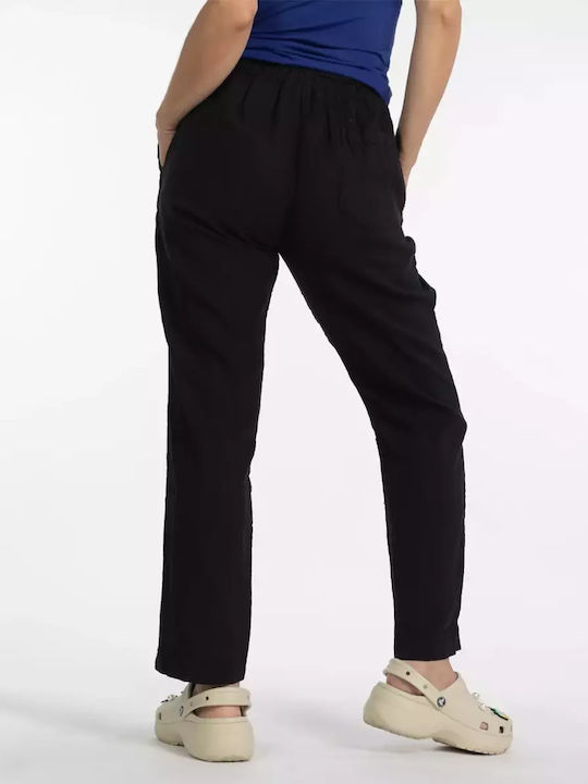 Leinenhose mit weitem Bein und Taschen - Schwarz