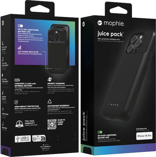 Mophie Umschlag Rückseite Kunststoff Schwarz (iPhone 15 Pro)