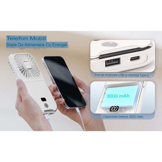 Portable Flippy Fan 3 In 1 Handheld Neck Desk 16.7 X 8 X 1.9 Cm 3 Speed Levels Usb Charging Foldable Digital Display Phone Holder White