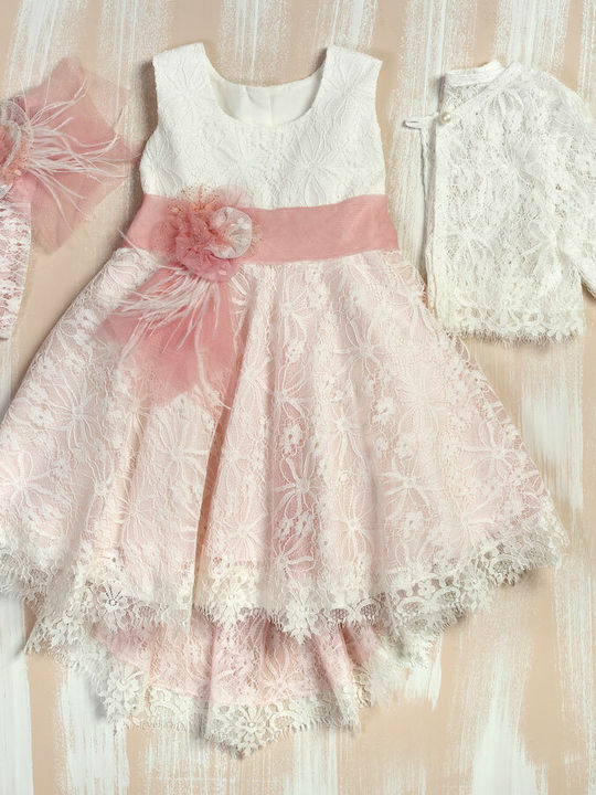 Lollipop Celebrations Rosa Taufset Kleidung mit Haar-Accessoires , Kleid & Strickjacke aus Spitze 3Stück