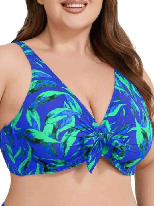 Set bikini mărime mare, cu imprimeu floral albastru-verde, decolteu în V