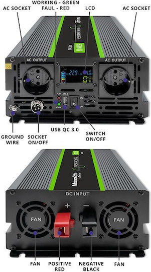Qoltec Inverter für Autos Reine Sinuswelle 3000W zur Umwandlung von 12V DC in 230V AC mit 1xUSB