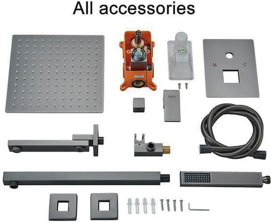Naron CZ4034 Set Mixer, Gură, Telefon & Cap Duș Îngropată pentru Duș 3 ieșiri Gri