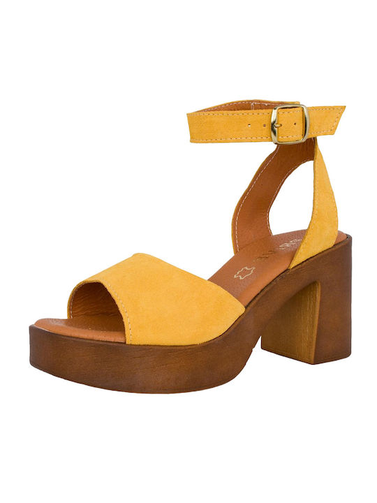 Prive Дамски сандали от кожа Дамски сандали Анатомични с Чуплив Високи Токчета в Жълт Цвят