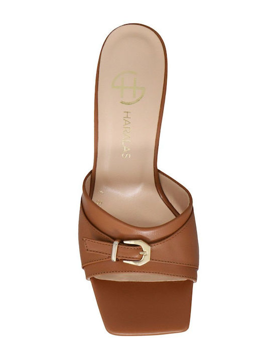 Leather Mules with Chunky High Heel in Tabac Brown Color